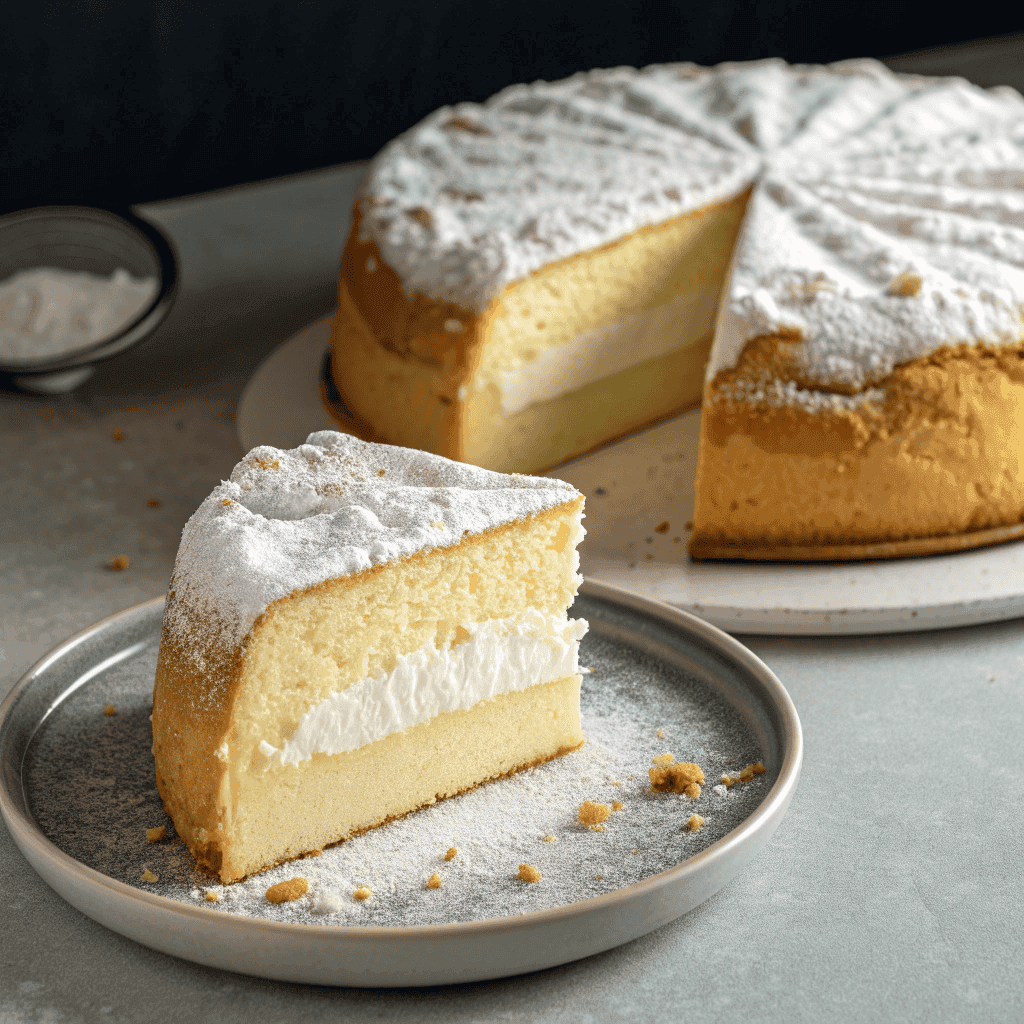 Whole yogurt cloud cake with a slice removed showing airy interior