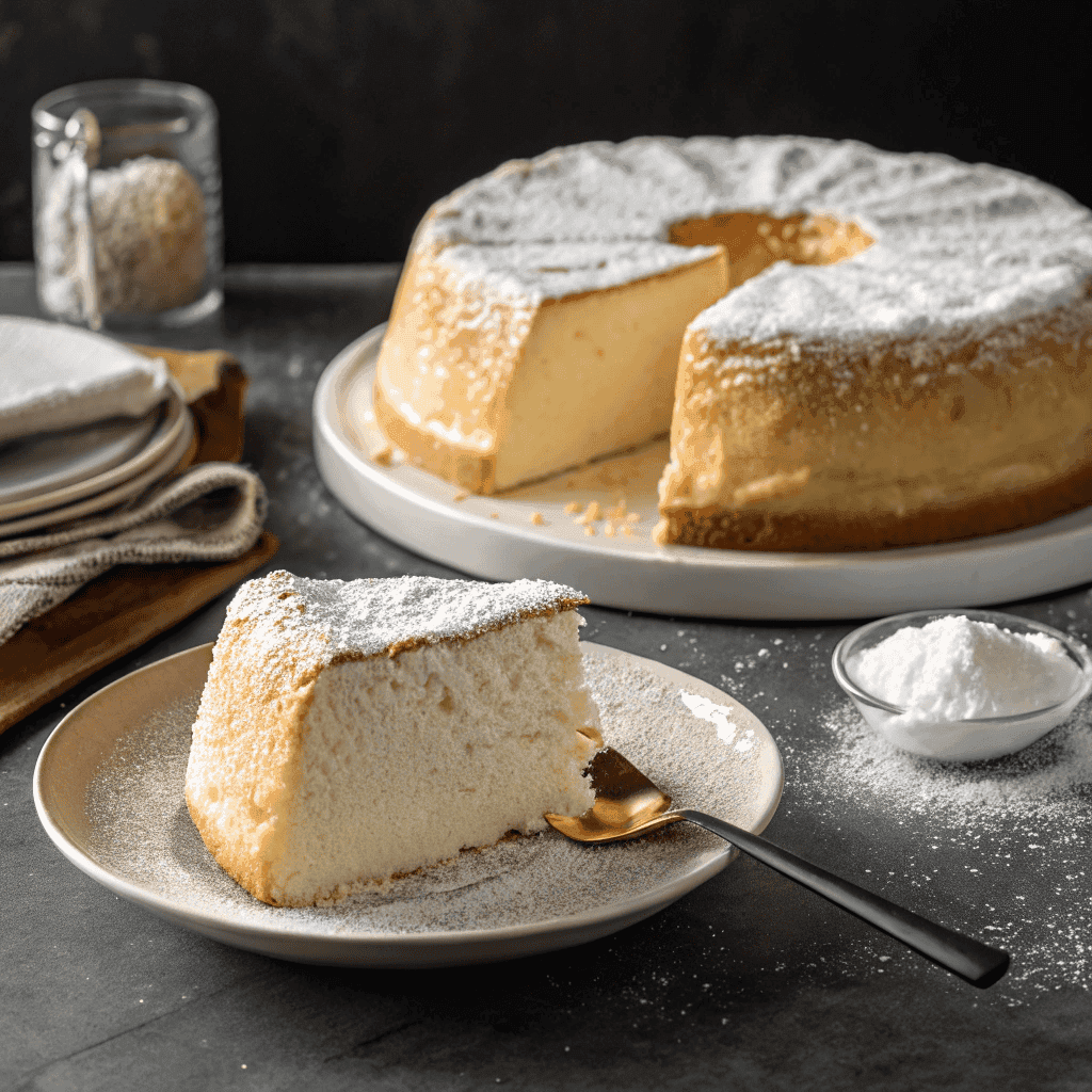 Fluffy yogurt cloud cake with powdered sugar served on a white plate