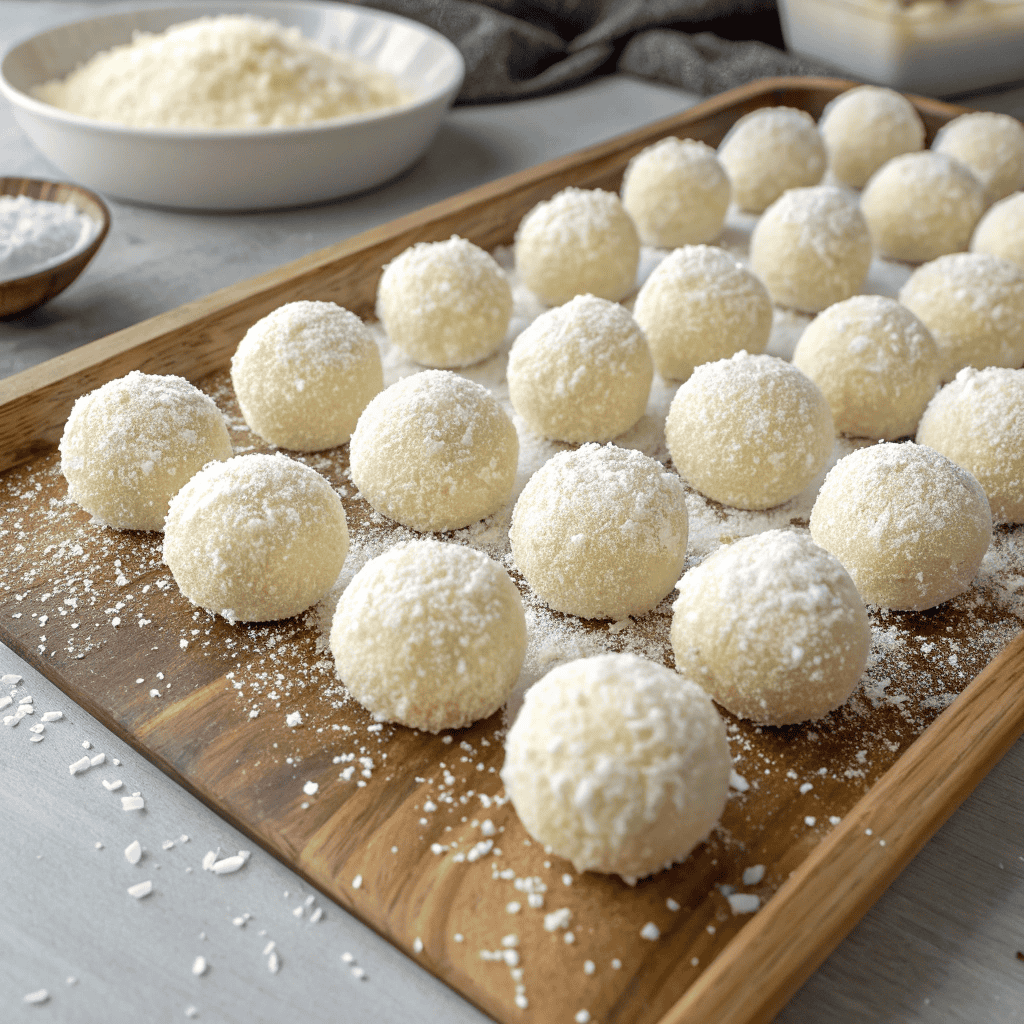 Sweetened Condensed Milk Snowballs Recipe 2 Full batch of sweetened condensed milk snowballs coated in coconut and arranged together.