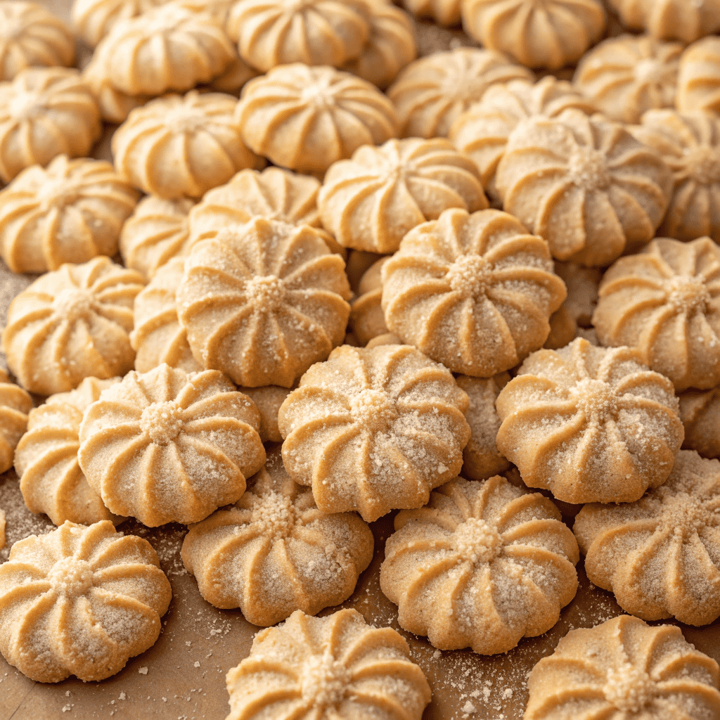Full batch of peanut butter spritz cookies with uniform rosette shapes, golden color, and sugar coating.