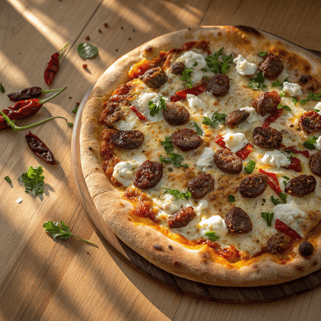 Full view of a sausage feta honey pizza with golden blistered crust, evenly spaced sausage, feta cheese, chili flakes, parsley, and honey glaze.