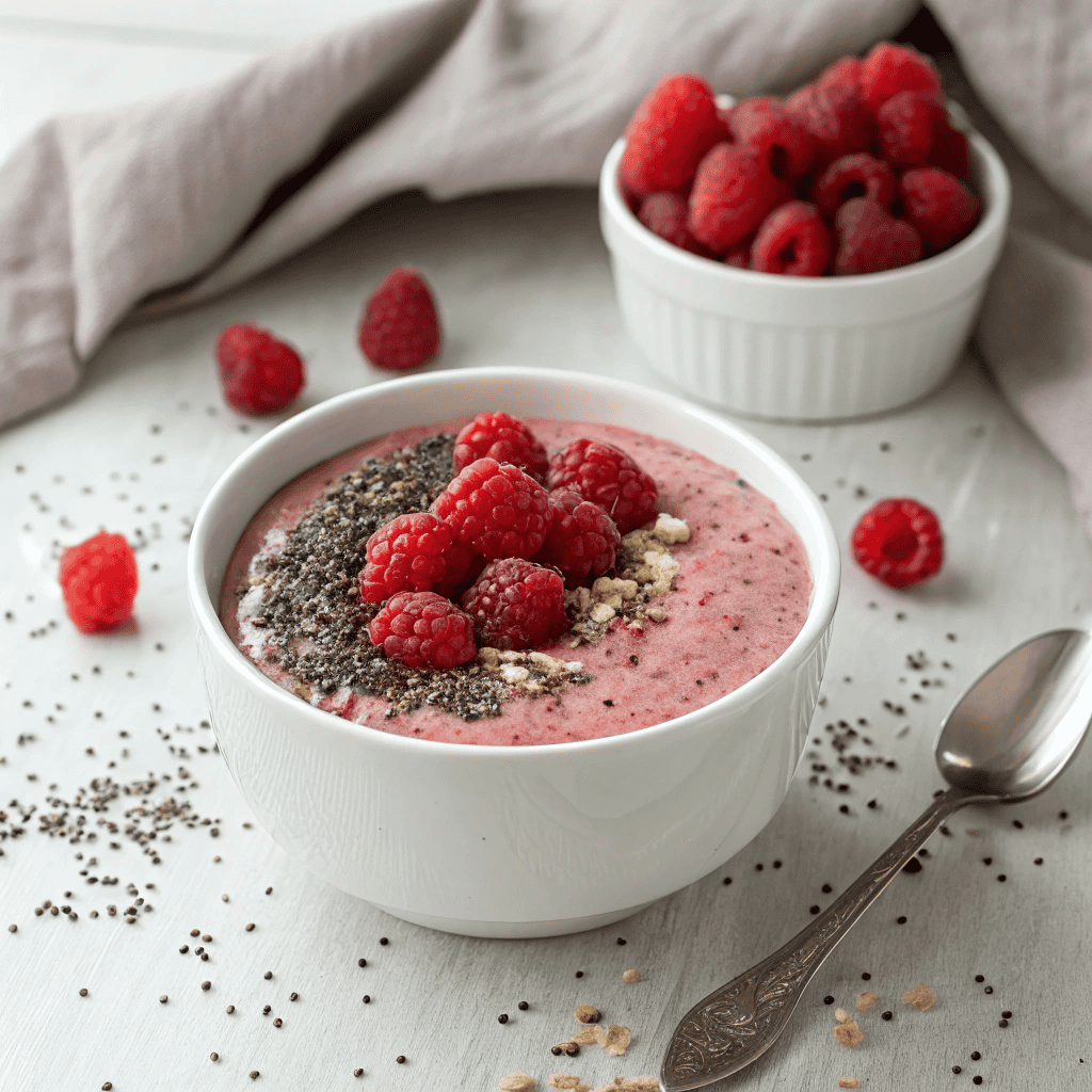 Raspberry Chia Pudding - Healthy Dessert Recipe 3 Macro close-up of raspberry chia pudding showing hydrated chia seeds and fresh raspberry texture.
