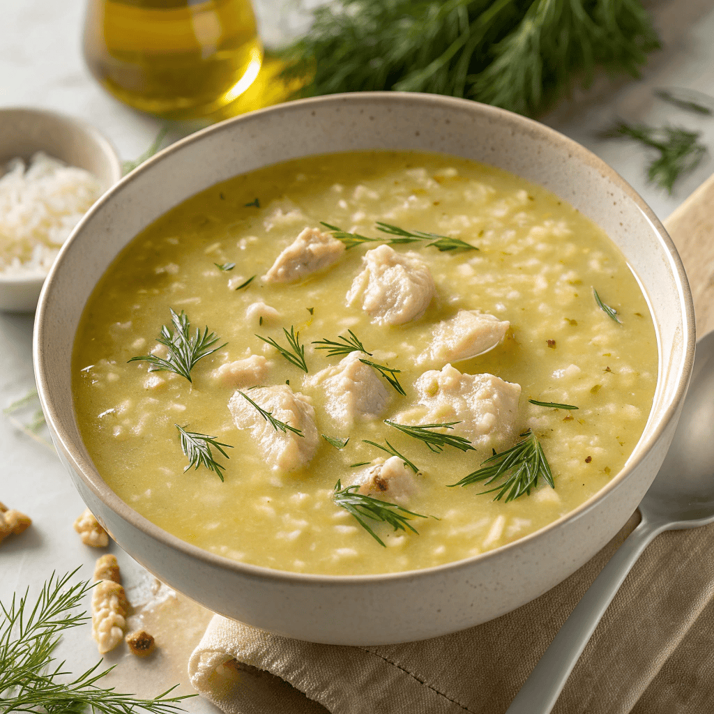 Full bowl of avgolemono soup with golden lemon broth, chicken, rice, dill, and olive oil sheen.