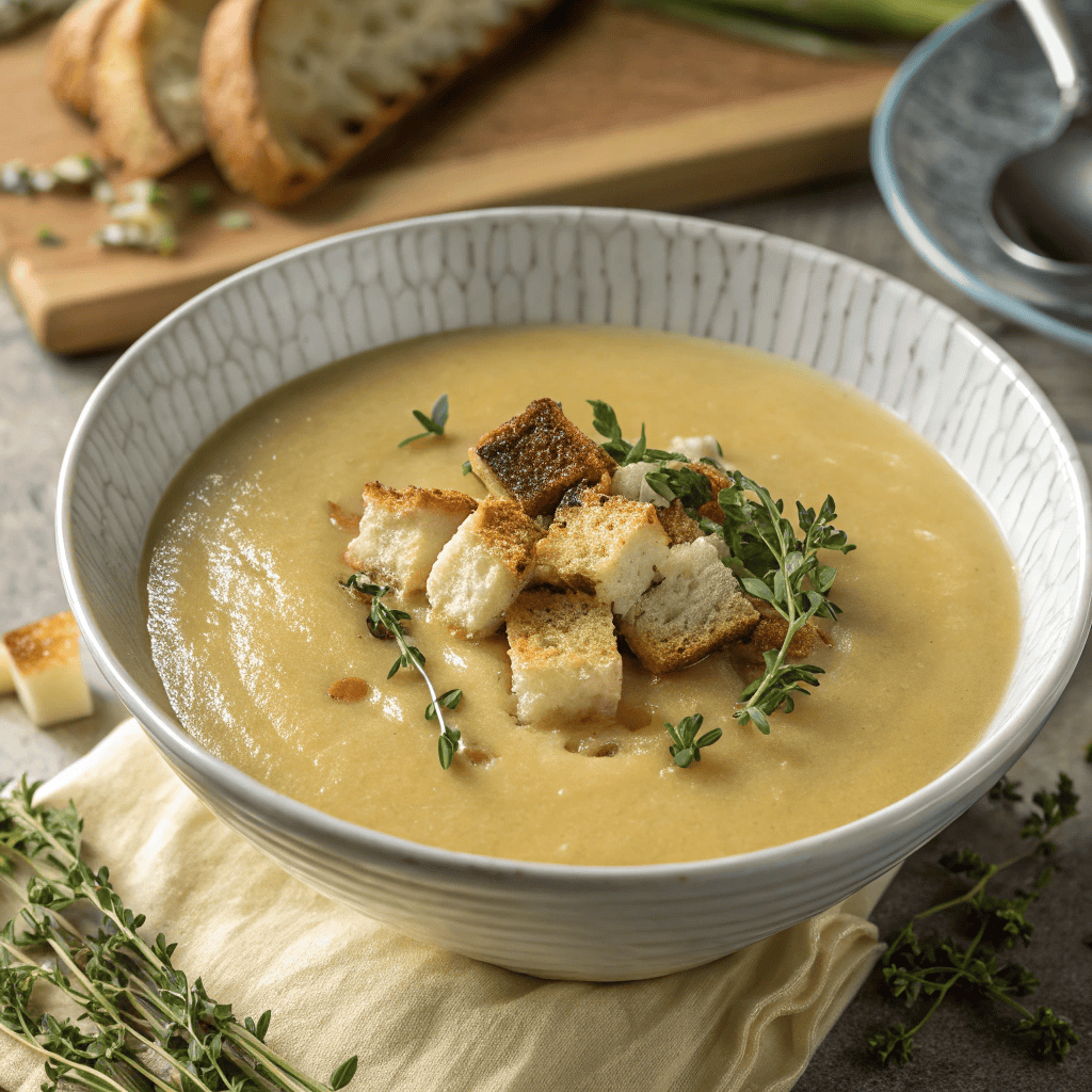 Full bowl of creamy parsnip and pear soup topped with golden croutons and thyme.