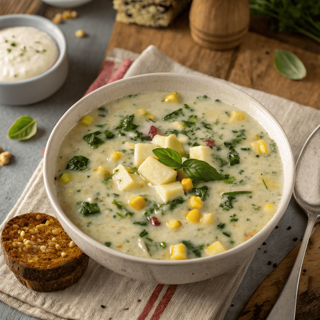 Irish Colcannon Soup : Creamy Potato and Cabbage Comfort Bowl 2 Full bowl of Irish colcannon soup with creamy potatoes, greens, corn, butter, and black pepper.