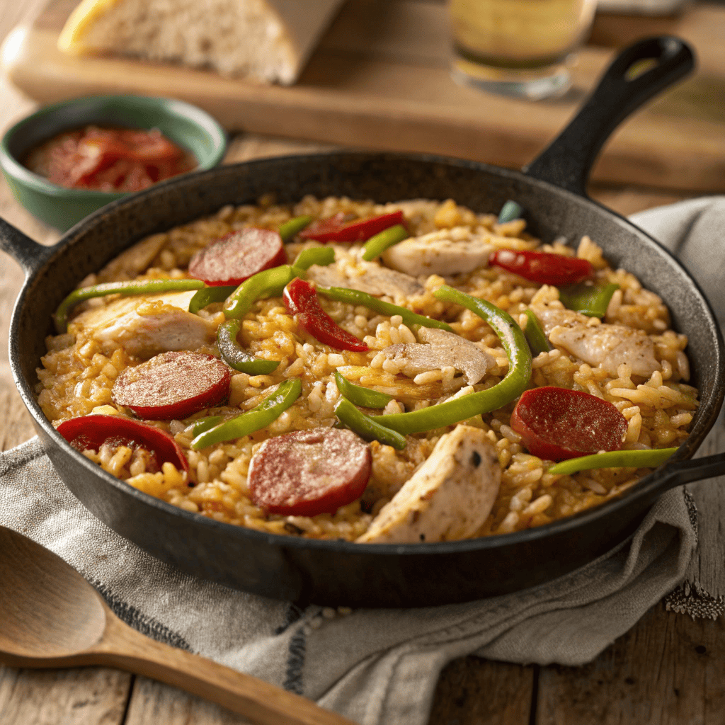 Full skillet of Basque risotto with creamy golden rice, chicken breast slices, red chorizo, and green peppers.