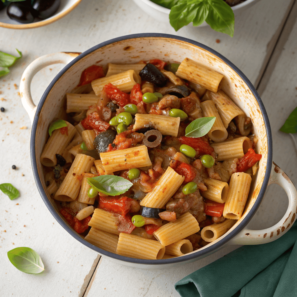 Full pot of eggplant caponata pasta with rigatoni, tomato sauce, eggplant cubes, celery, basil, and olives.