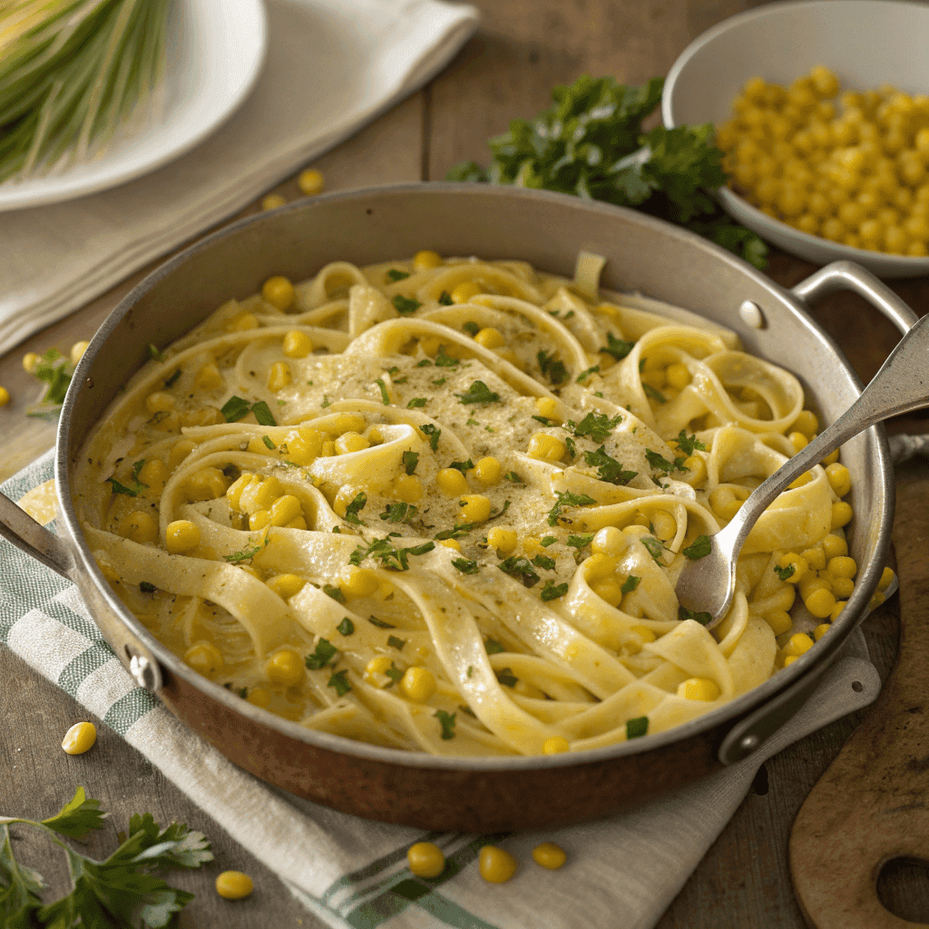 Creamy one-pot corn pasta served on a white plate with curved pasta, sweet corn, and fresh herbs.