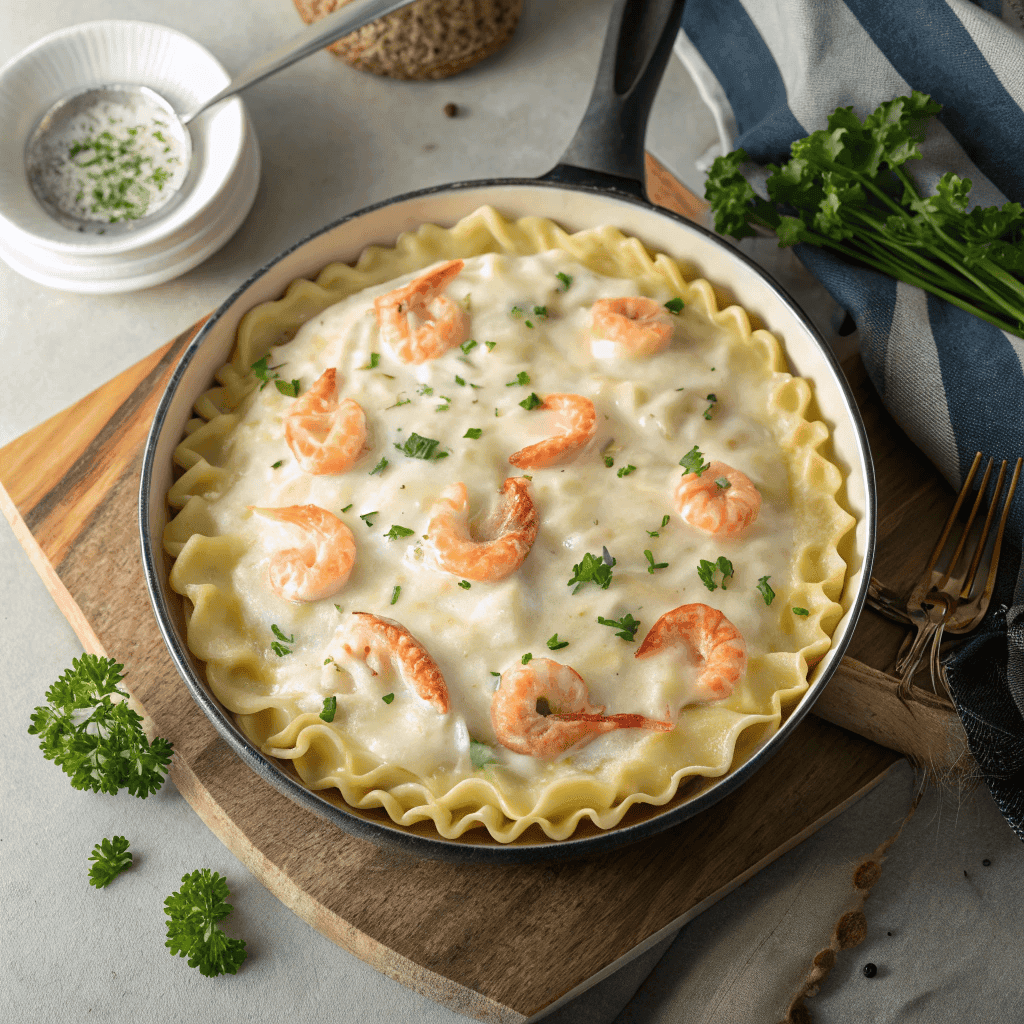 Full skillet of seafood lasagna with fluted edges, shrimp topping, creamy white sauce, and parsley.