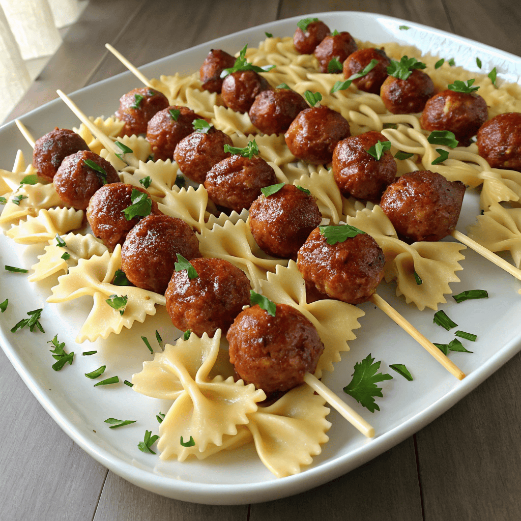 Bowtie Pasta & Meatball Skewers : Fun Party Appetizer with Marinara 3 Close-up hero shot of bowtie pasta and meatball skewers with glossy sauce and fresh herb garnish on a white plate.