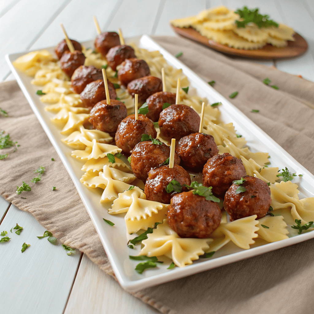Bowtie Pasta & Meatball Skewers : Fun Party Appetizer with Marinara 2 Full plate of bowtie pasta and meatball skewers with glossy sauce and fresh herbs.