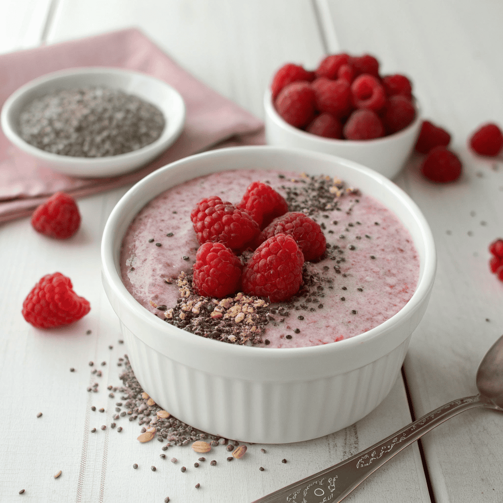 Raspberry Chia Pudding - Healthy Dessert Recipe 2 Full view of raspberry chia pudding in a white ramekin topped with whole raspberries and chia seeds.