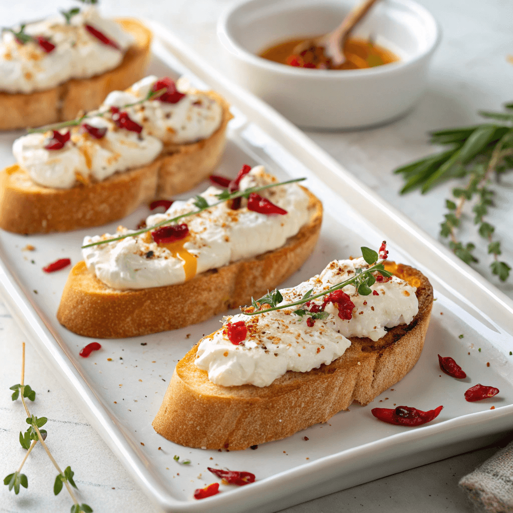 Whipped feta crostini on a serving plate topped with chili honey, pepper flakes, and thyme.