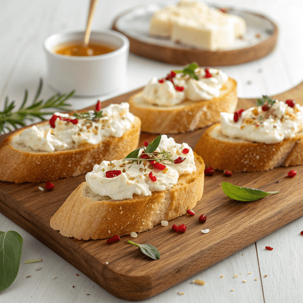 Whipped feta crostini topped with chili honey, red pepper flakes, and thyme on a wooden board.