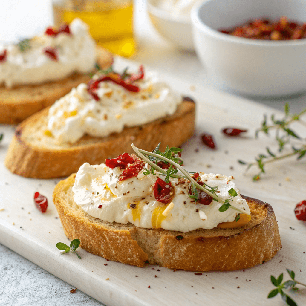 Whipped feta crostini photographed from a slight angle with honey, chili flakes, and thyme.