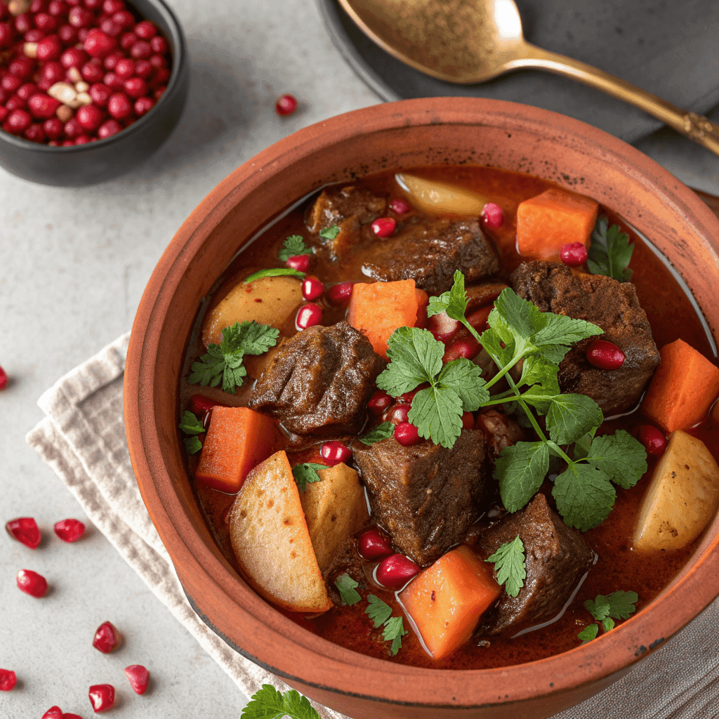Overhead shot of a full clay tagine bowl filled with Moroccan beef stew, vegetables, mint, cilantro, and pomegranate seeds.