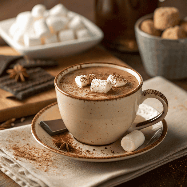 Spiced Hot Cocoa Recipe | Anti-Inflammatory Turmeric Drink 2 Full cup of spiced hot cocoa with marshmallows on a saucer