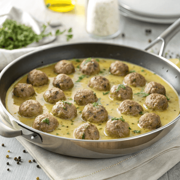 Full dish view of keftedes meatballs simmered in lemon sauce