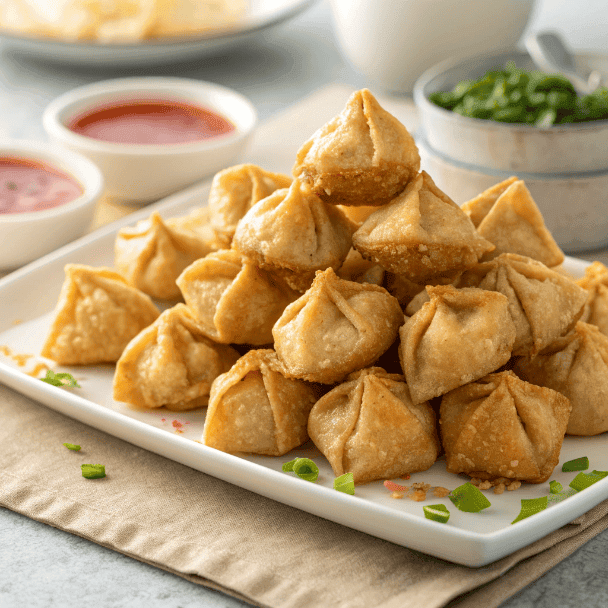 Full plate of crispy crab rangoon bombs with golden fried wonton shells