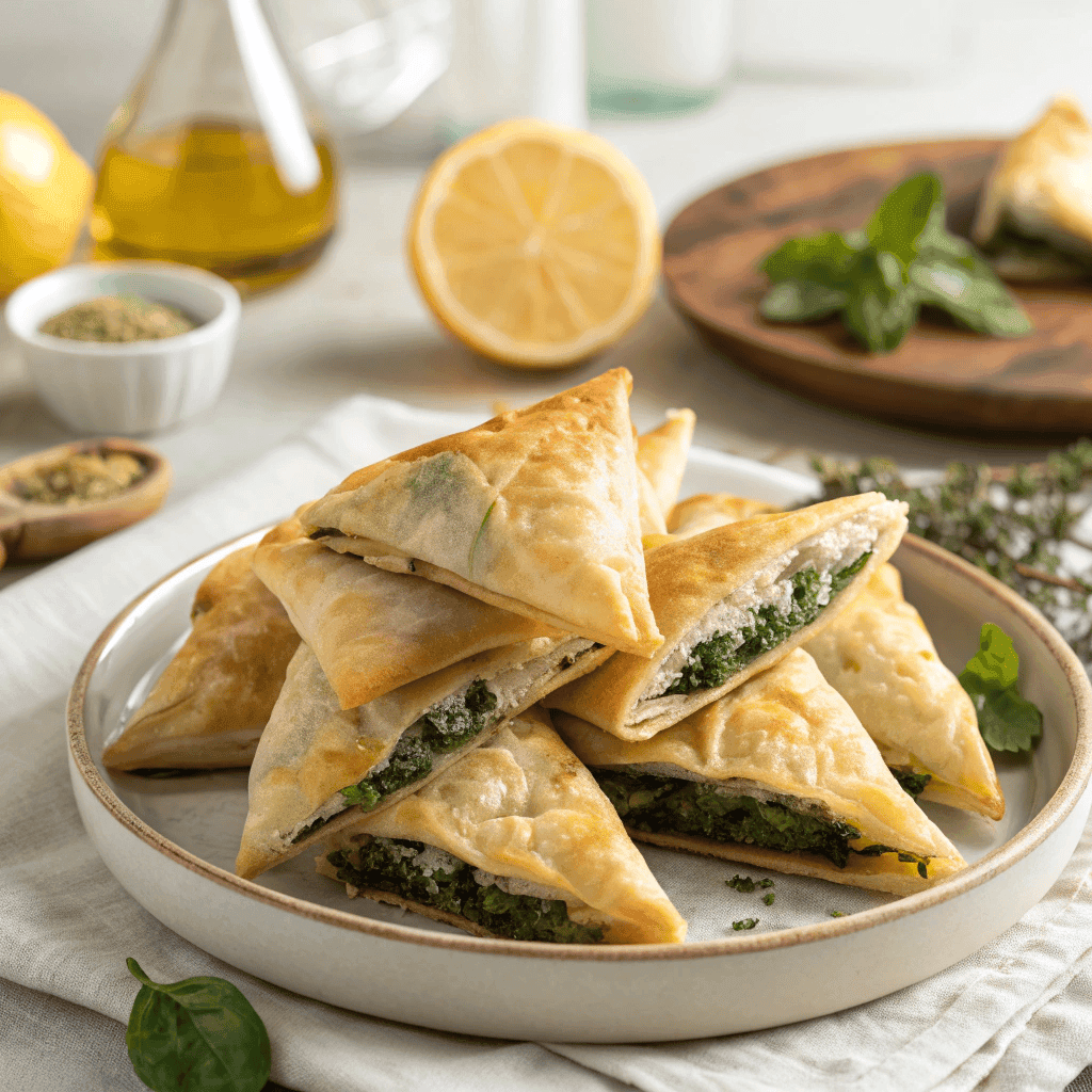 Full plate of crispy spanakopita triangles with flaky phyllo pastry