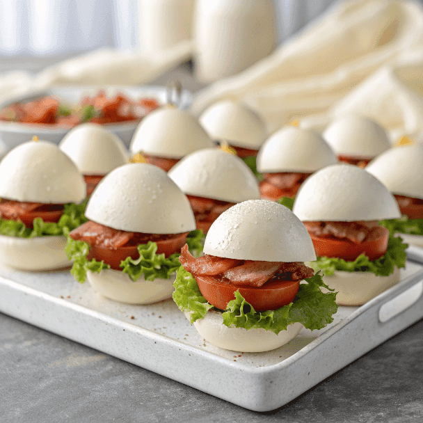 Full platter of BLT egg sliders made with boiled egg buns