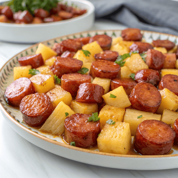 Full serving platter of glazed kielbasa pineapple bites with toothpicks