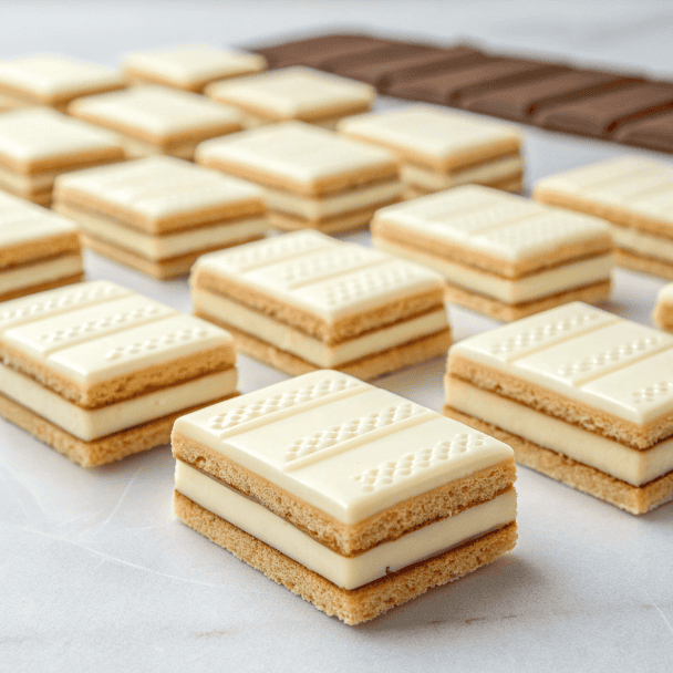 Japanese Shiroi Koibito butter biscuits topped with white chocolate and powdered sugar on a wooden board