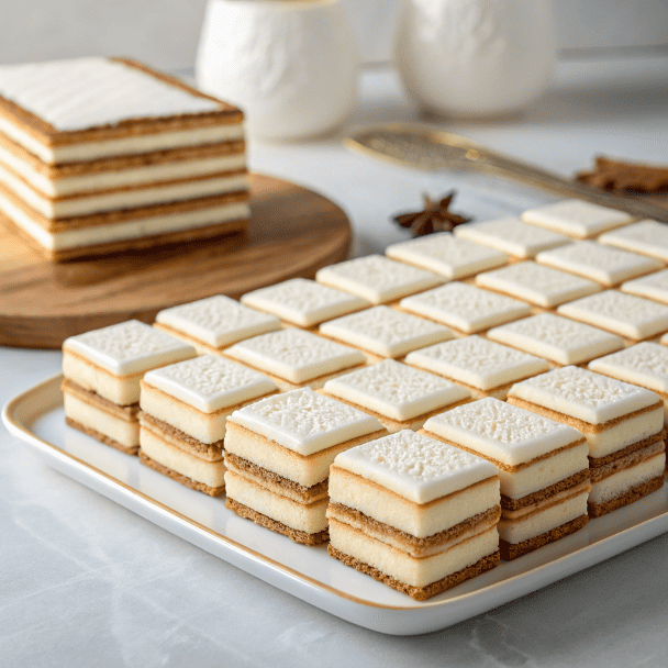 Shiroi Koibito Japanese butter biscuits topped with white chocolate served on a white plate