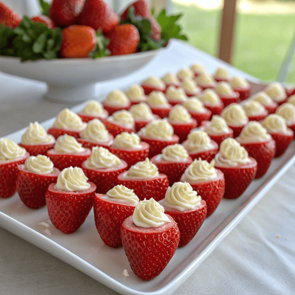 Full platter of deviled strawberries with cream filling