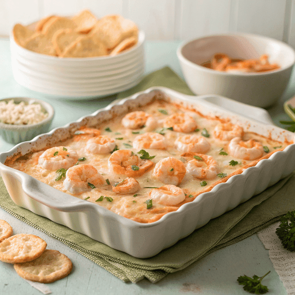 Full dish of shrimp dip topped with cocktail sauce and fresh dill