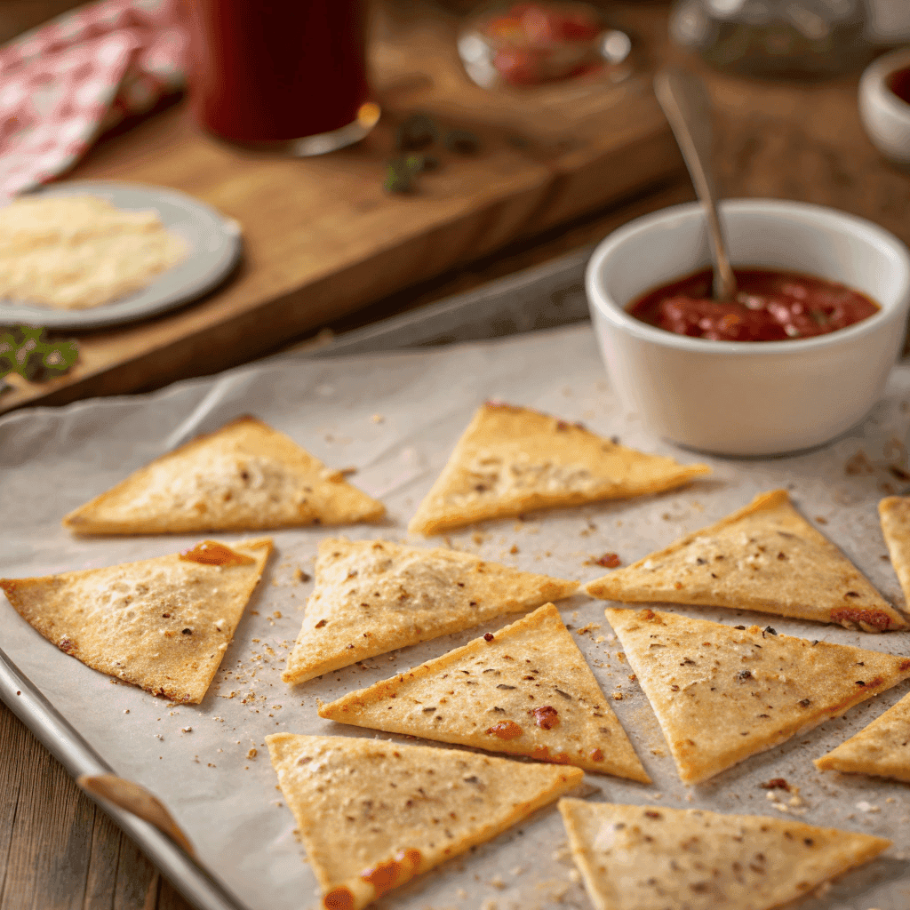 A batch of crispy pizza chips baked with cheese and tomato sauce on parchment paper