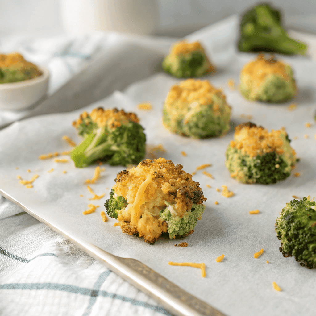 Crispy Air Fryer Broccoli Cheddar Poppers | Healthy Snack Recipe 1 Broccoli cheddar poppers with crispy coating on parchment paper