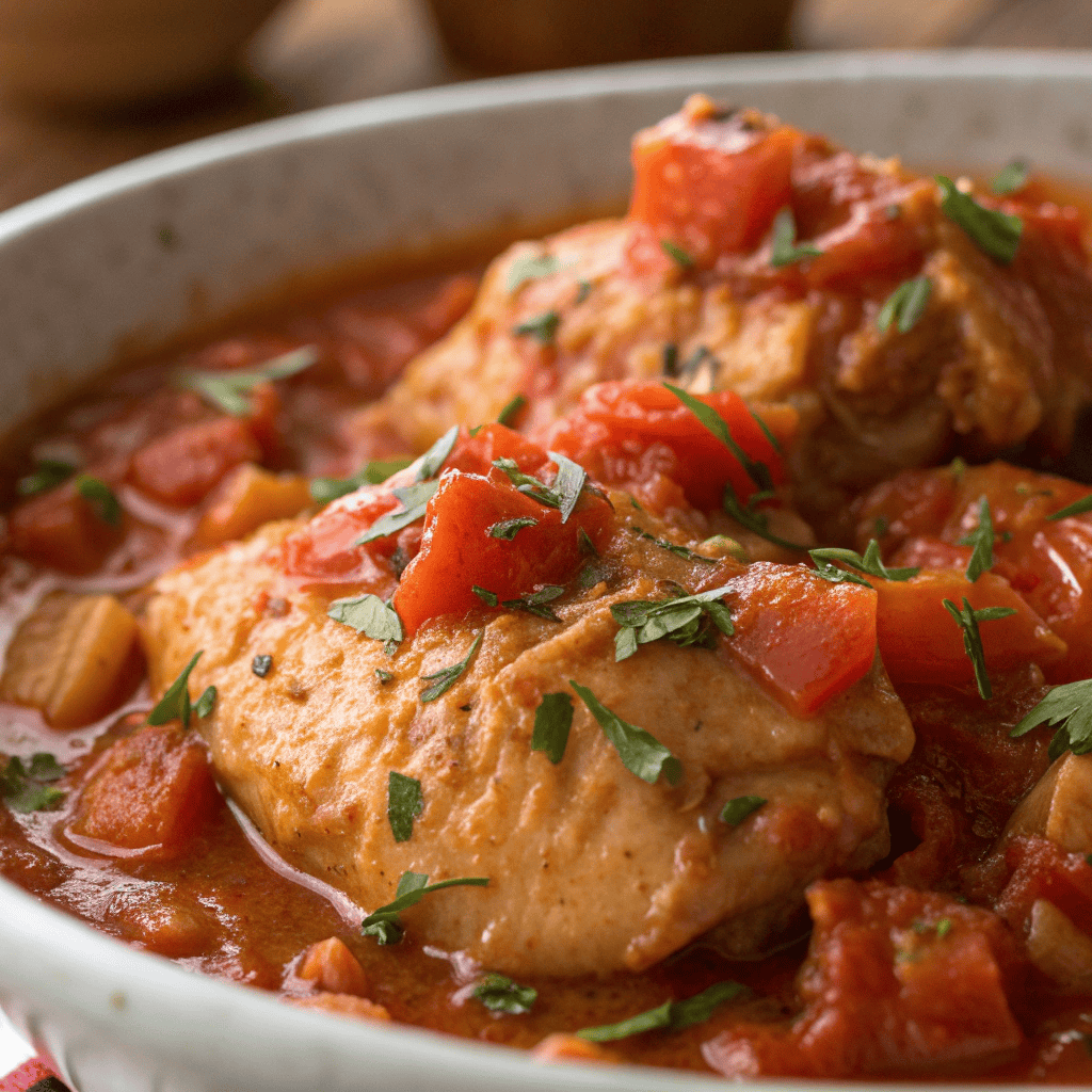 Close-up of tender chicken cacciatore in chunky tomato sauce with herbs