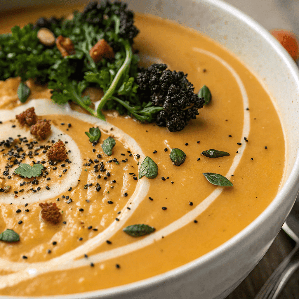 Close-up of creamy orange glowing skin soup with kale chips, seeds, and cream swirl
