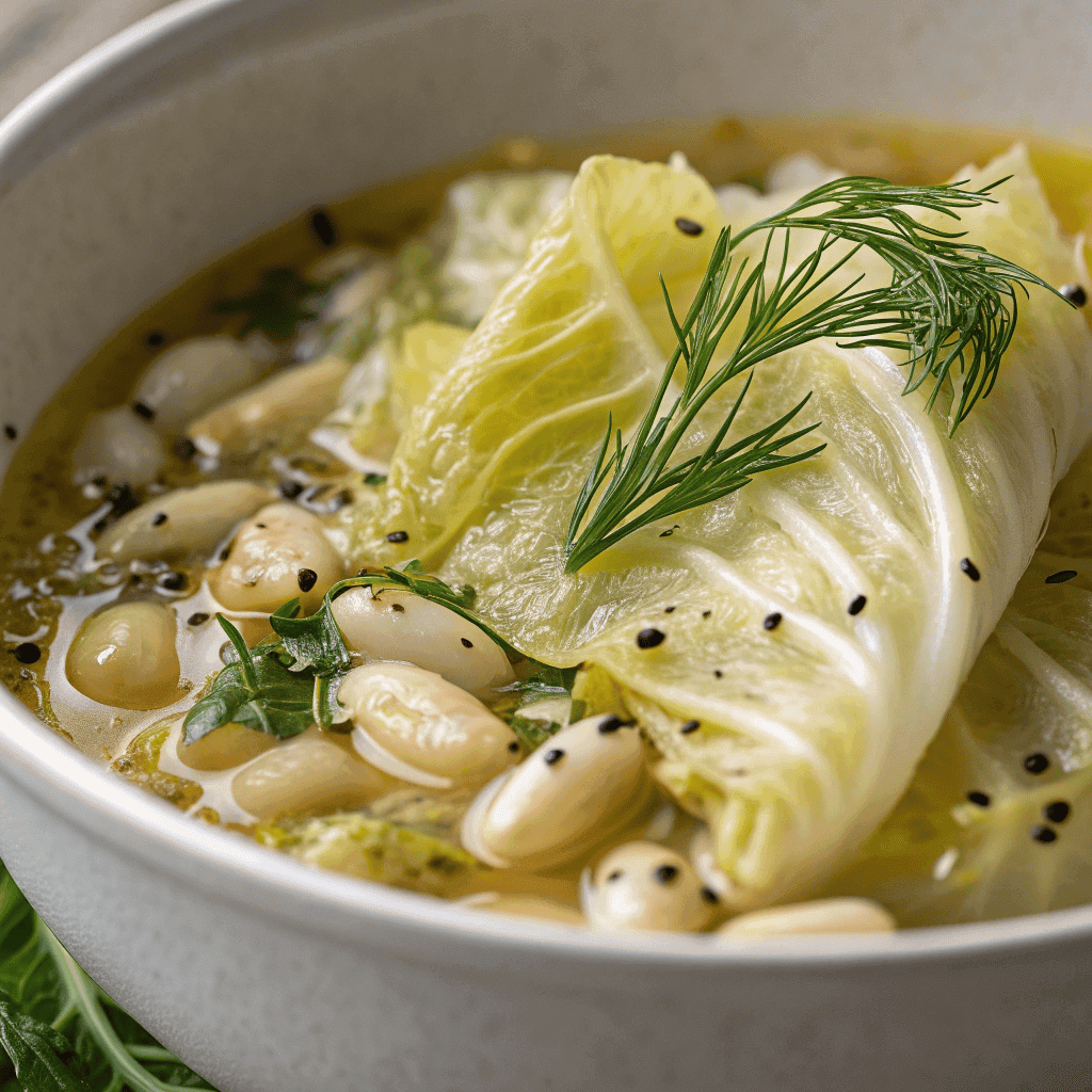 Close-up of lemon dill cabbage soup showing tender cabbage, beans, and fresh dill