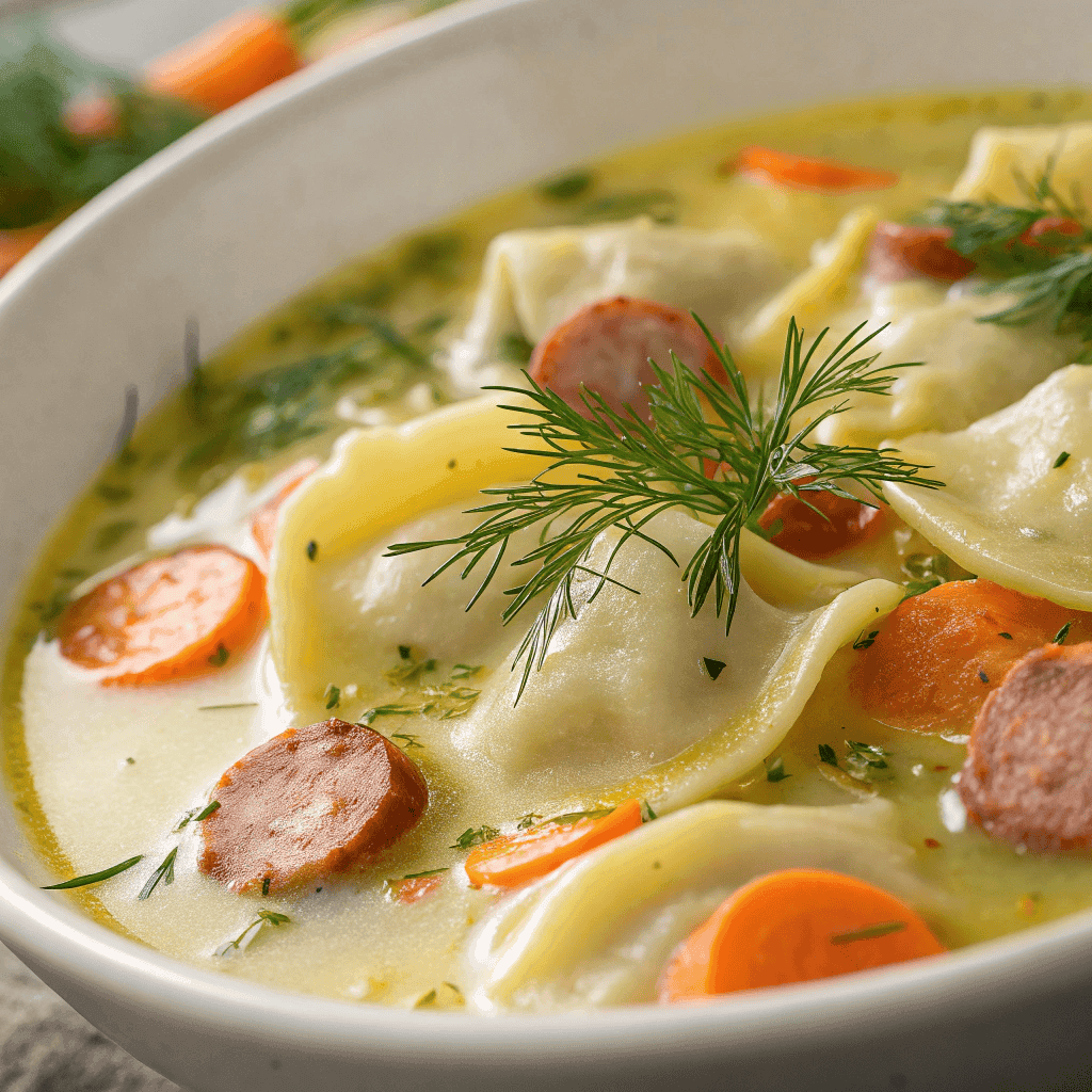 Close-up of pierogi dill soup showing creamy broth, dumplings, sausage, and dill