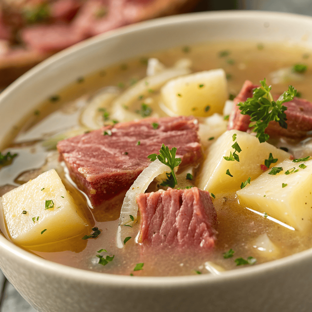 Close-up of Reuben soup showing corned beef, potatoes, onions, and rich broth