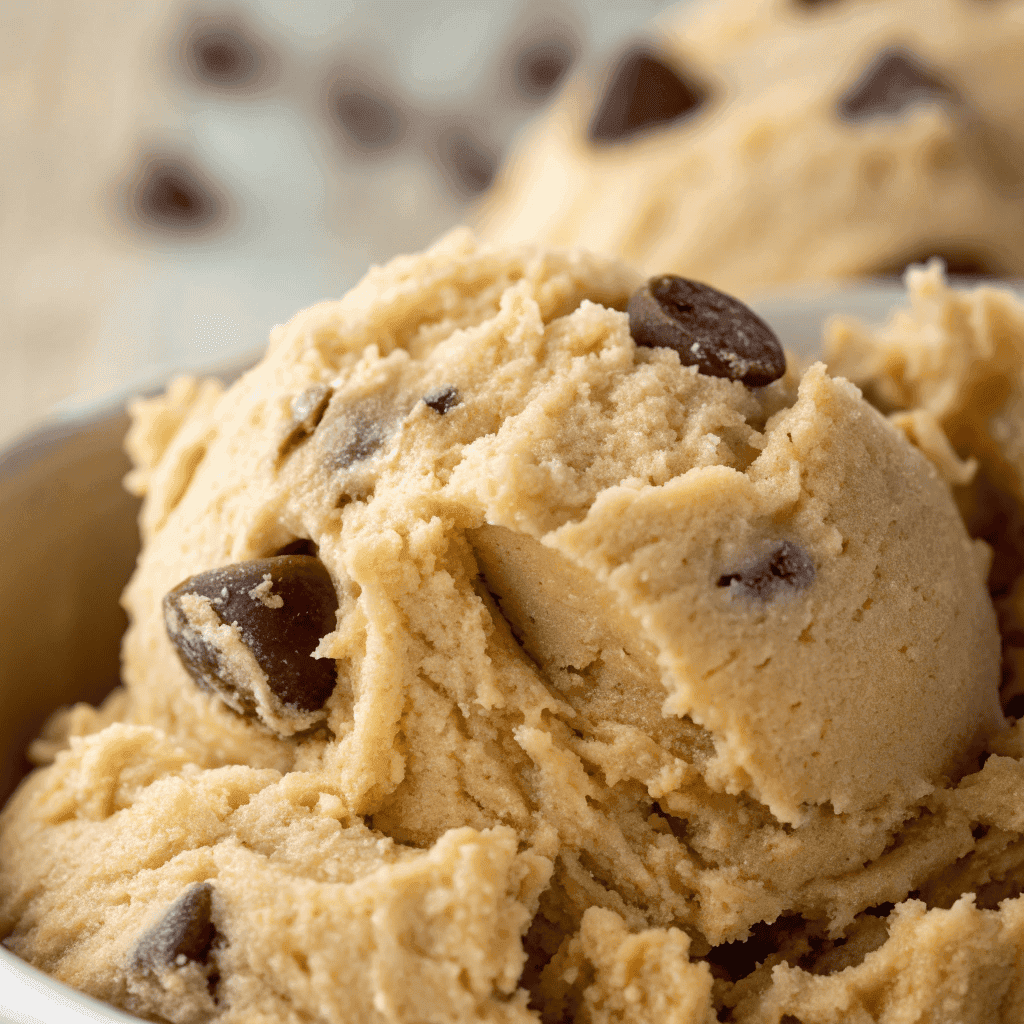Close-up of protein cookie dough showing dense texture and chocolate chips