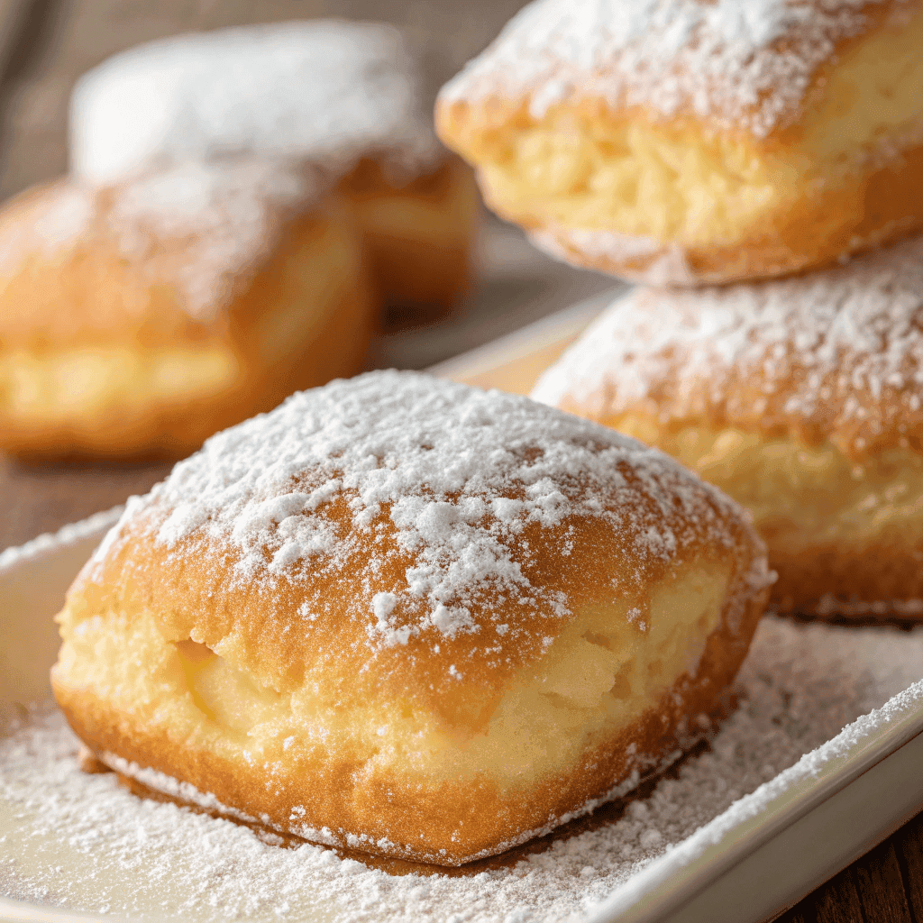 Close-up of powdered sugar–covered vanilla French beignets showing golden fried texture