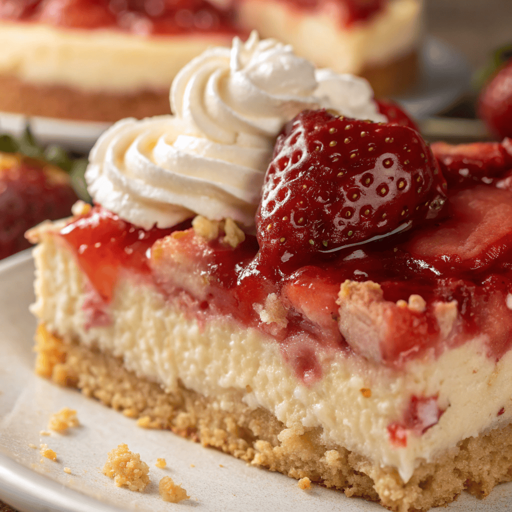 Close-up of strawberry cheesecake dump cake showing creamy filling and glossy strawberry topping
