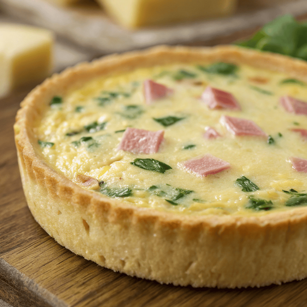 Close-up of mini quiche showing golden egg custard and flaky pastry crust