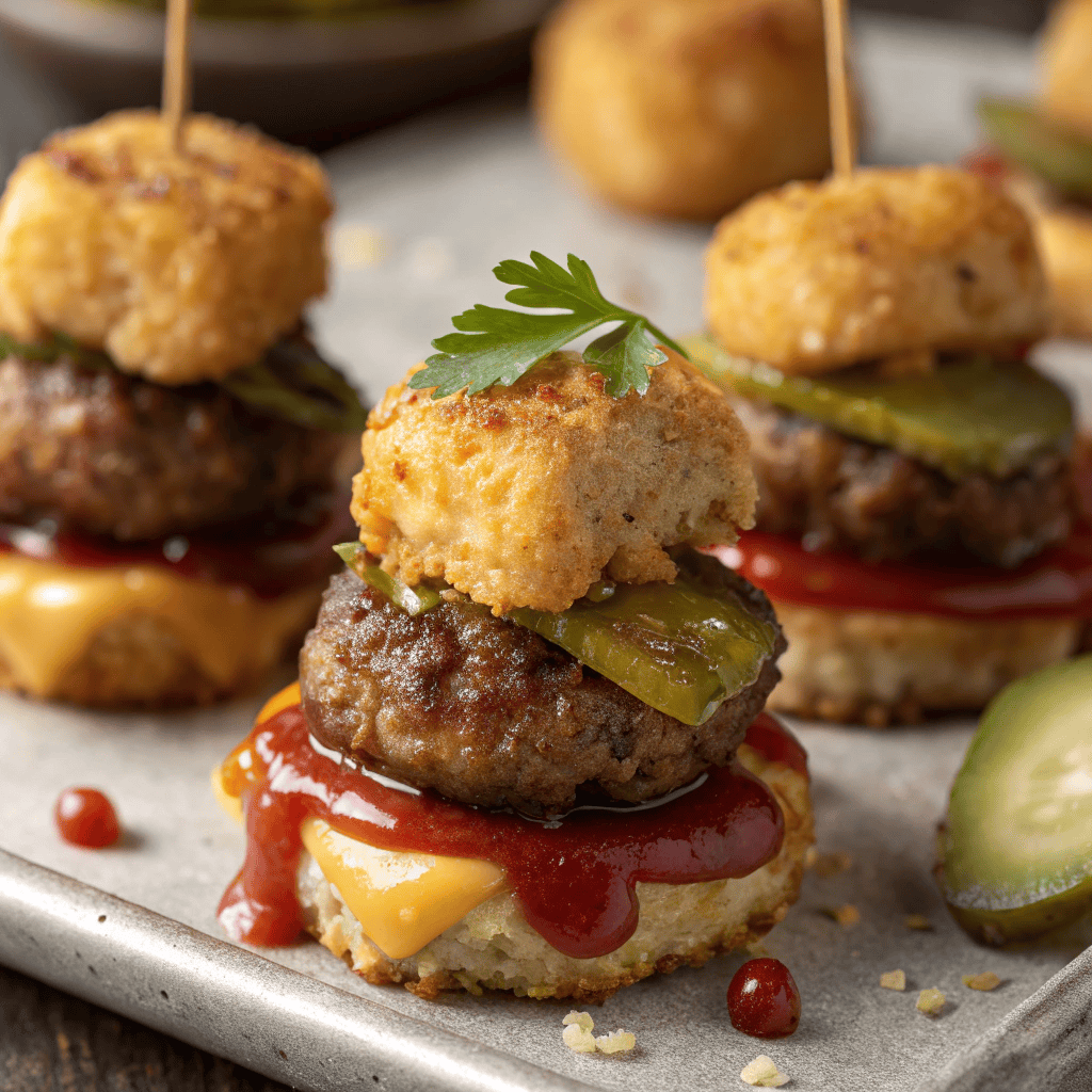 Close-up of tater tot mini cheeseburger bites showing crispy tots and melted cheese