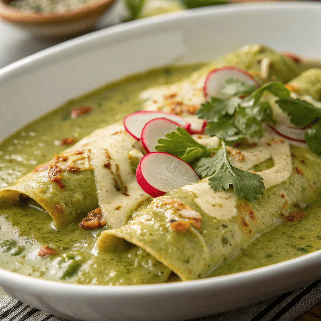 Plant-Based Potato Green Chili Enchiladas – Vegan Comfort Food 3 Close-up of green chili sauce and vegan cheese on plant-based potato enchiladas with radishes and cilantro