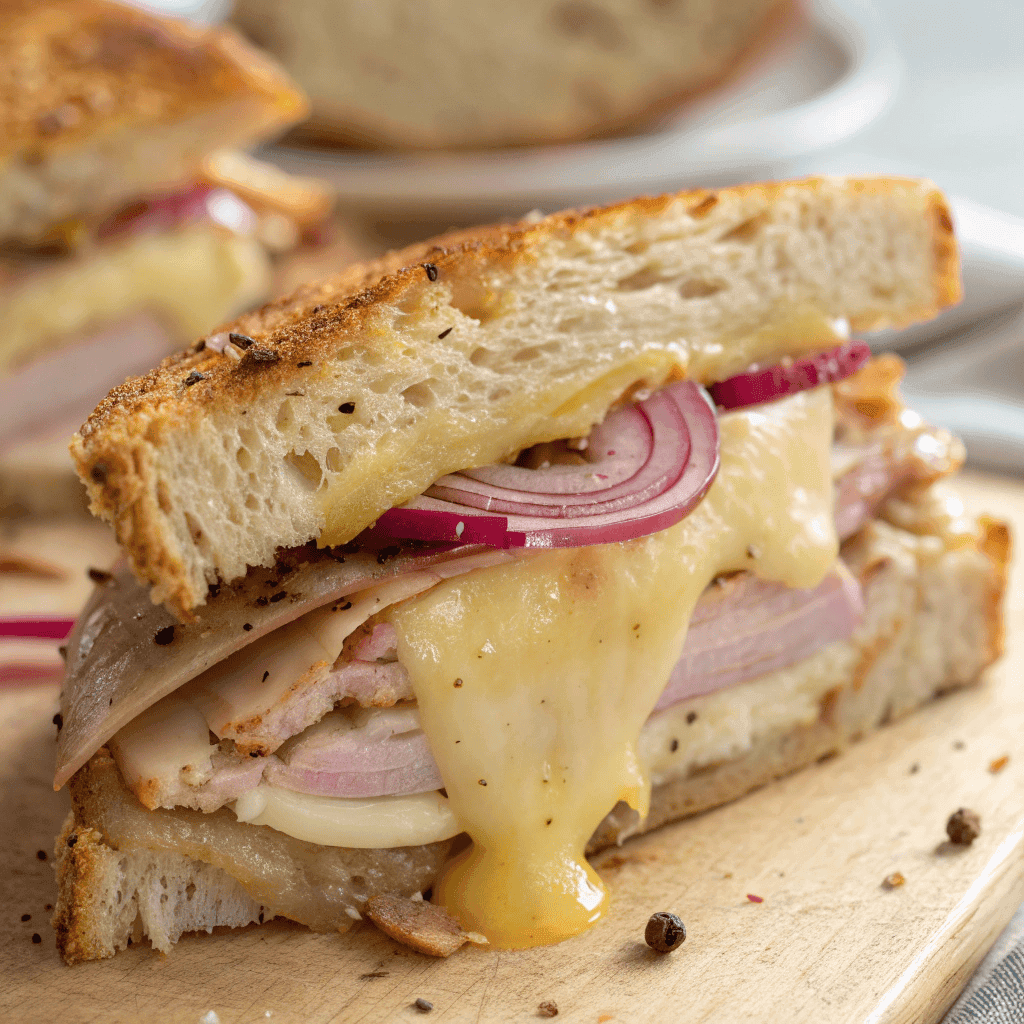 Close-up of melted cheese, turkey slices, Dijon mustard, and toasted bread in a turkey melt sandwich