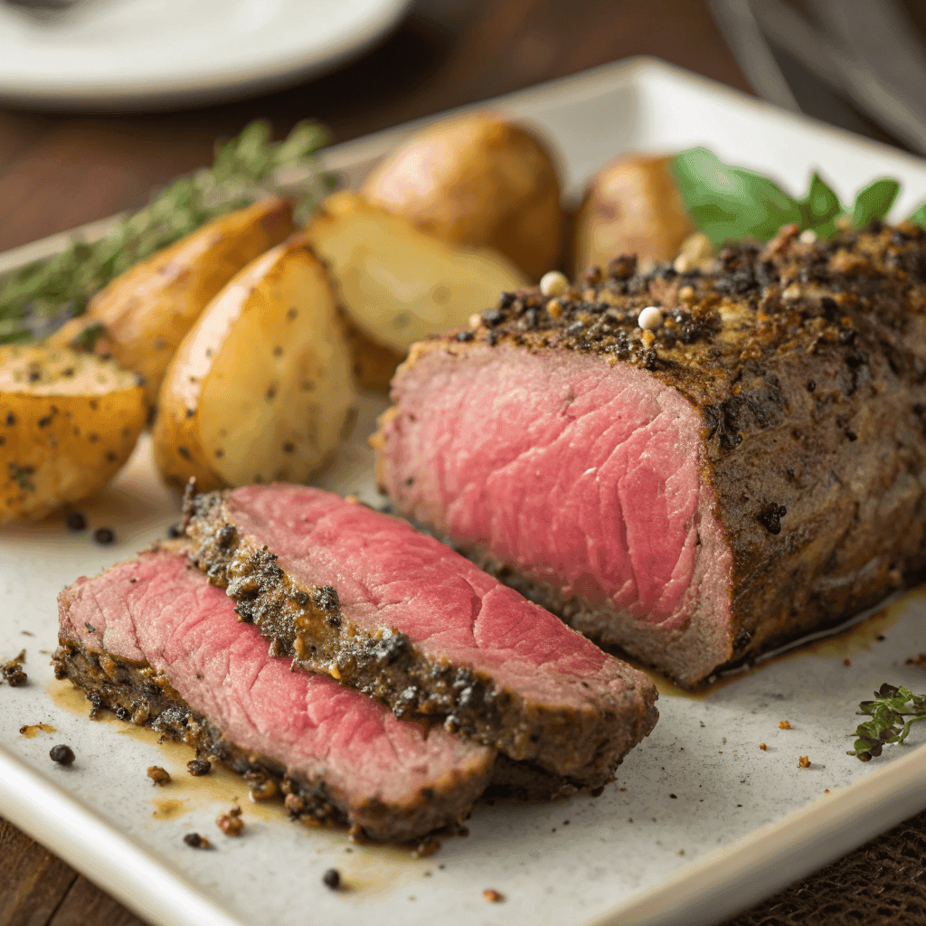 Close-up of medium-rare beef tenderloin showing juicy interior and herb-crusted exterior
