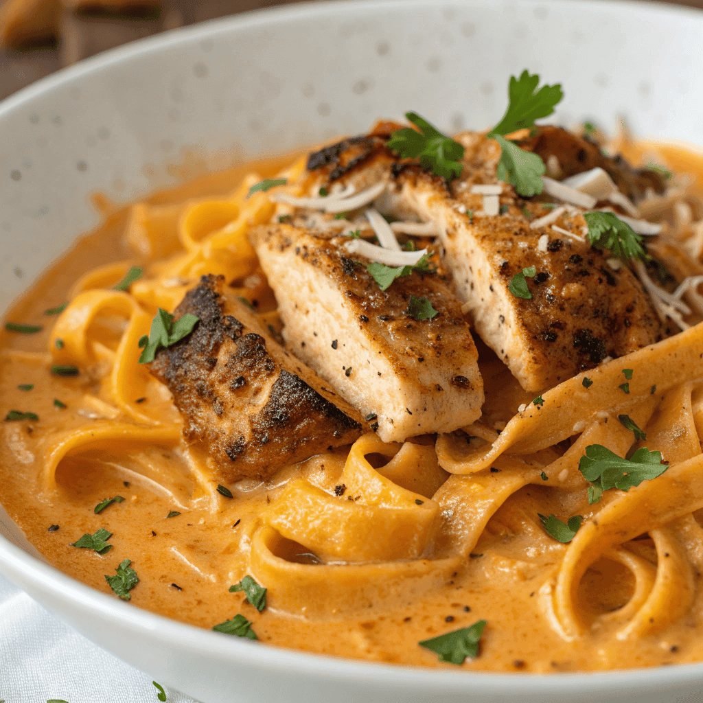 Close-up of cowboy chicken pasta showing creamy sauce, wide pasta, and seared chicken texture