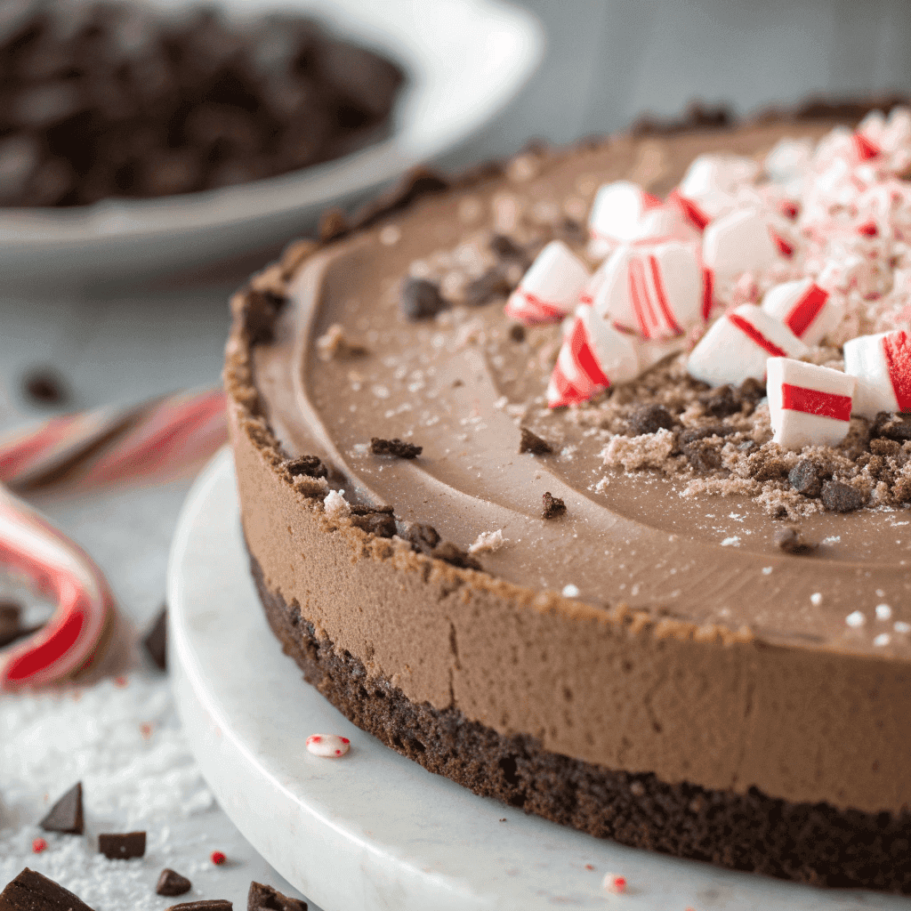 Close-up of chocolate peppermint mousse pie showing airy mousse texture, powdered sugar, and candy cane pieces