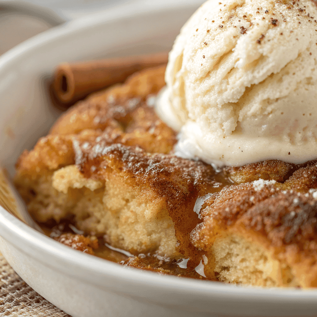 Close-up of snickerdoodle cobbler showing soft crumb, cinnamon sugar topping, and melted ice cream