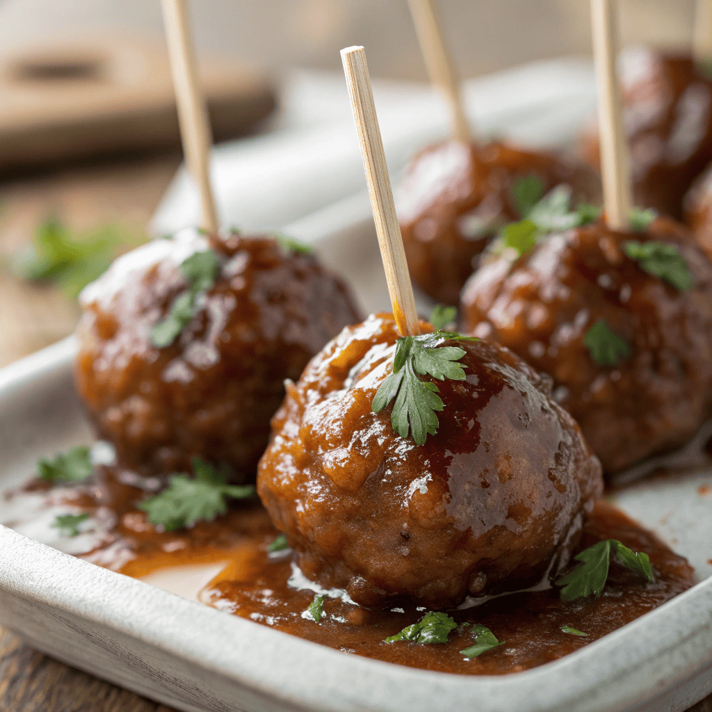 Close-up of cocktail meatballs showing glossy sauce texture and parsley garnish