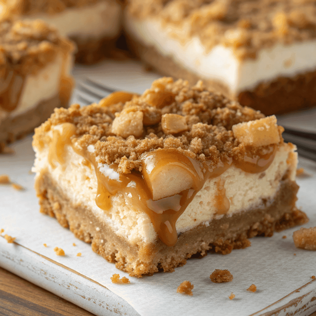Macro close-up of caramel apple cheesecake bars showing creamy cheesecake, crumb crust, and glossy caramel topping.